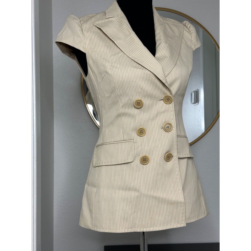 BCBGMAXAZRIA Beige Pinstripe Double Breasted Short Sleeve Blazer Jacket Sz XS